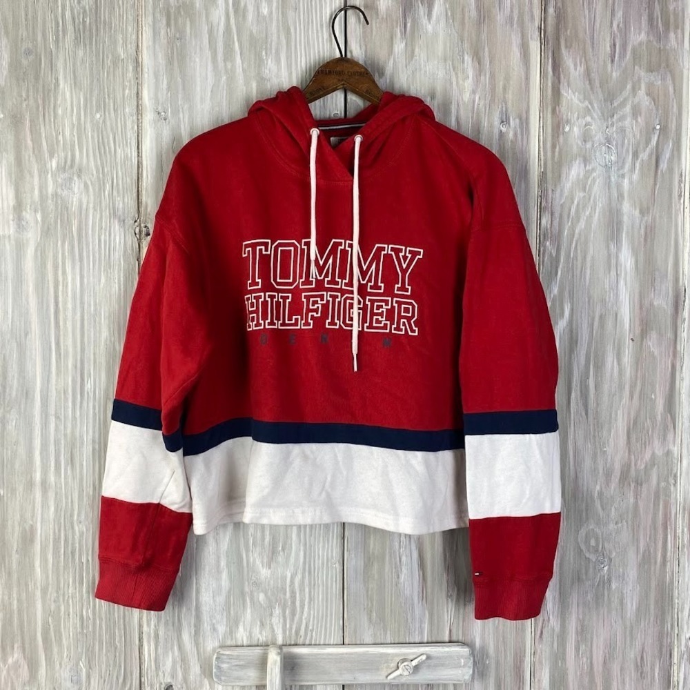 Tommy Hilfiger Denim Cropped Hoodie Womens Sz L Red Flag Knit 90s y2K Colorblock